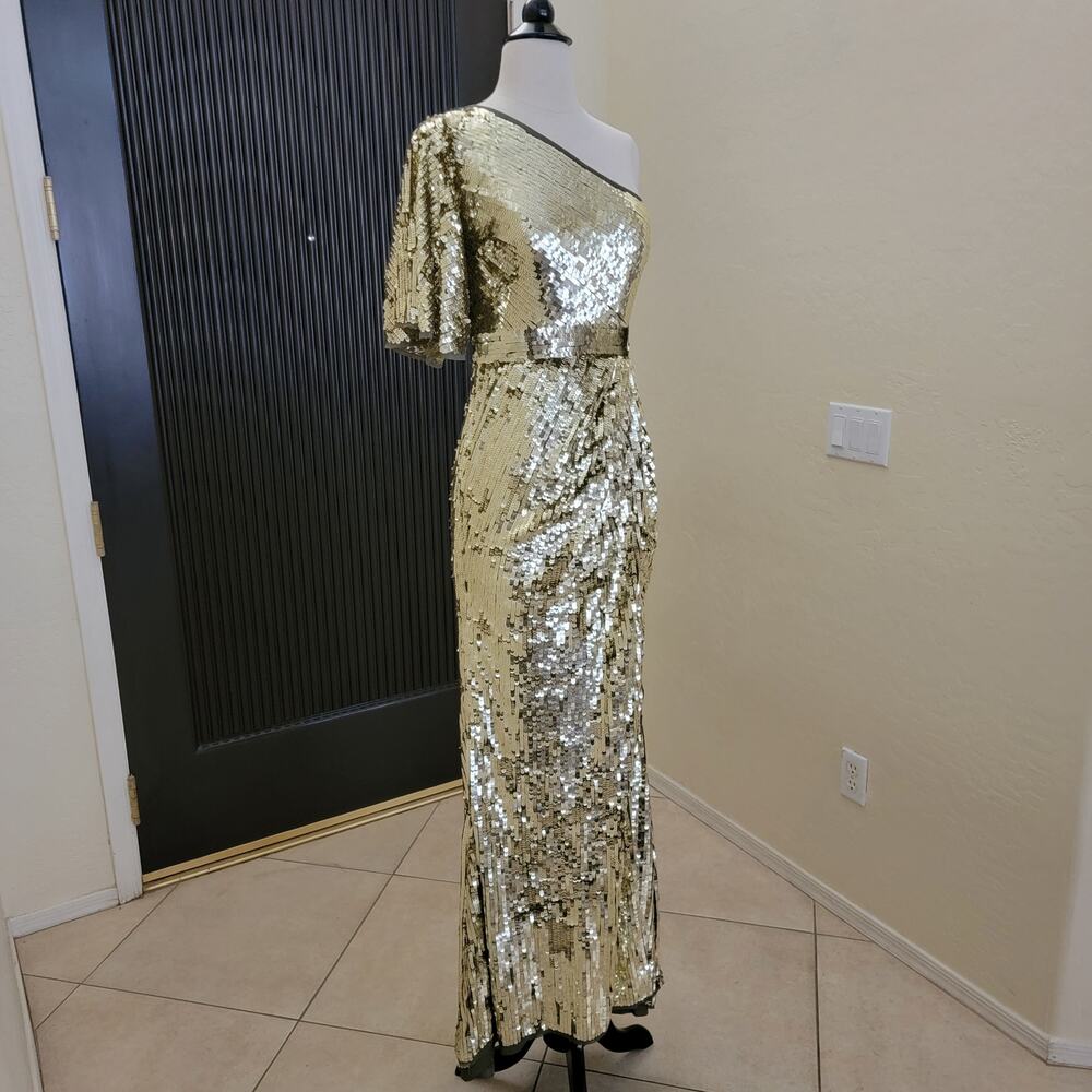 Mac Duggal 93540 Gold One Shoulder Sequin Evening Gown Maxi Dress Size 2 - Picture 5 of 11